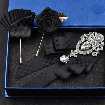 Fashion Handmade Bow Tie Wedding Collar Luxury Rhinestone Bowtie Necktie Brooch Pocket Towel Square Set Gift for Men Accessories