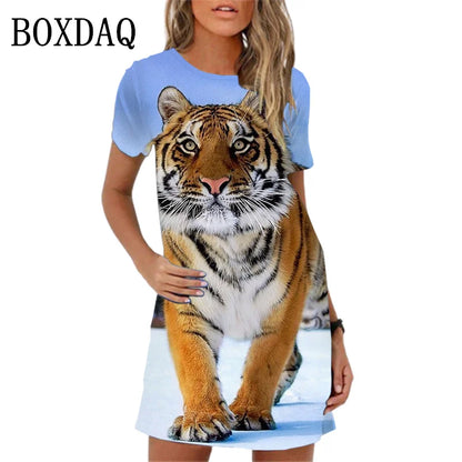 2024 New Spring Women Dresses Fashion Tiger Pattern Printing Short Sleeve Dress Summer Casual Oversized A-Line Mini Dress Womans