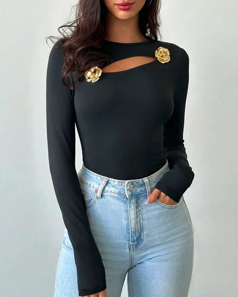 Sexy Blouses Pullover Tops Cold Shoulder Contrast Lace Beaded Top 2023 Autumn Winter Spring New Fashion Casual