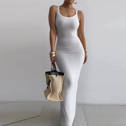 CM.YAYA Summer Women Sleeveless Strap O-neck Sexy 2024 Summer Long Evening Dress Knit Ribbon Night Club Party Maxi Dresses