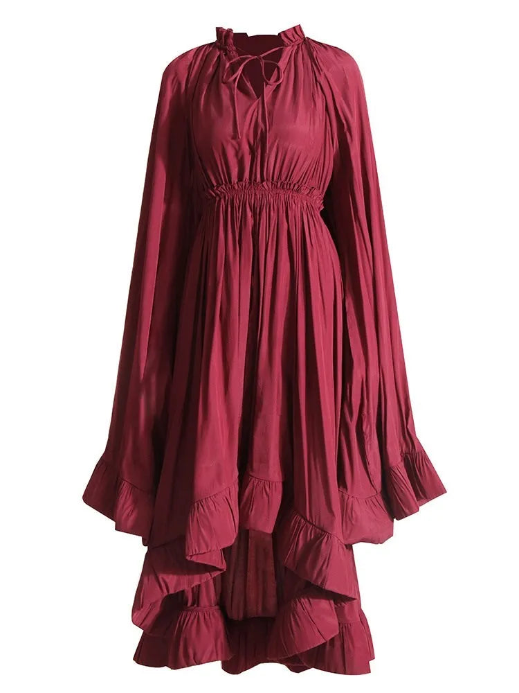 TWOTWINSTYLE Elegant Solid Dresses For Women V Neck Cloak Sleeves High Waist Spliced Lace Up Ruffles Pleated Dress Female Summer