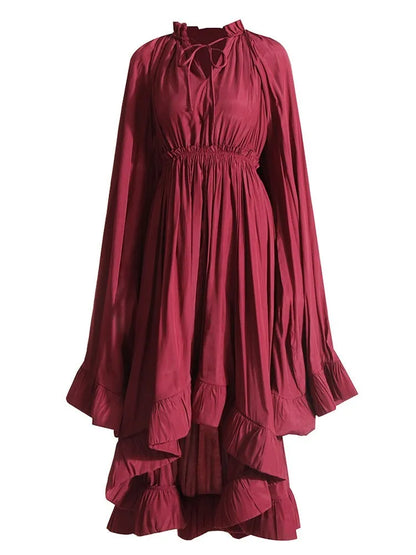 TWOTWINSTYLE Elegant Solid Dresses For Women V Neck Cloak Sleeves High Waist Spliced Lace Up Ruffles Pleated Dress Female Summer