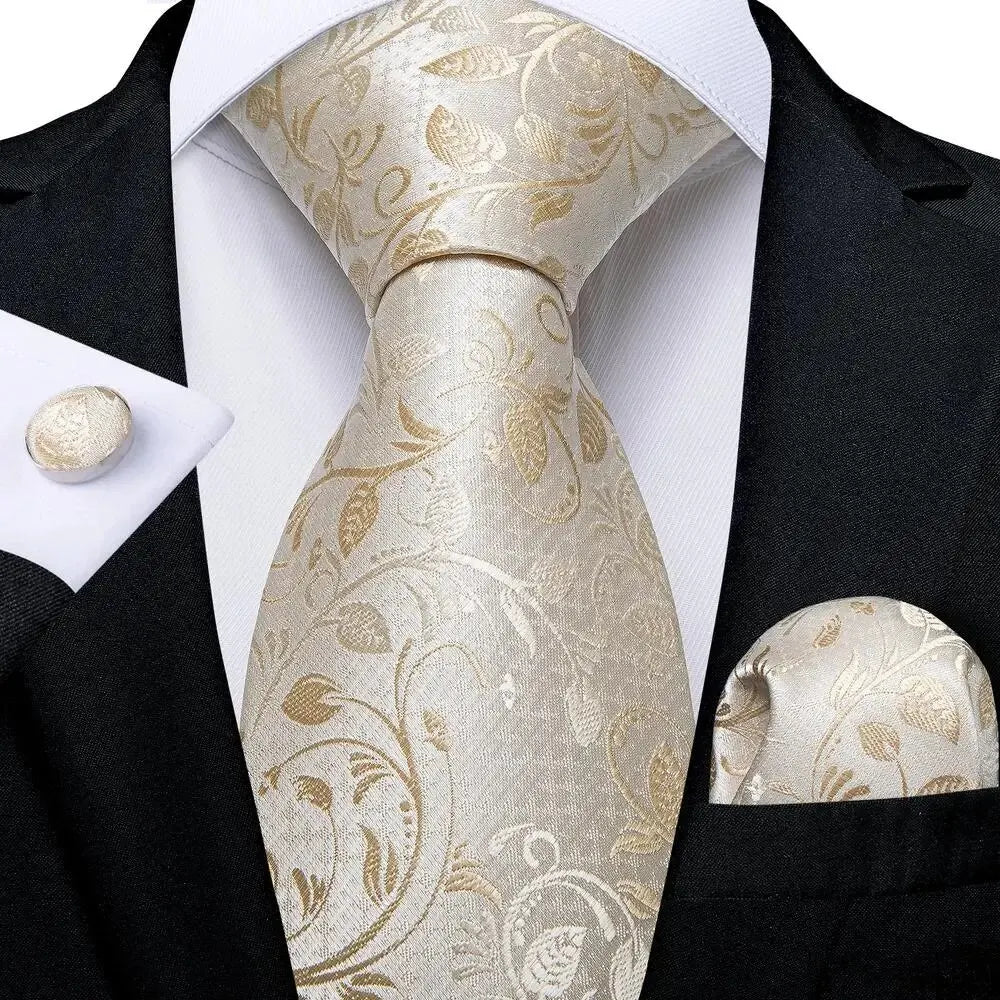 Hi-Tie Champagne Gold-color Silk Mens Elegant Ties Fashion Mens Necktie Pocket Square Cufflinks Set Business Party Wedding