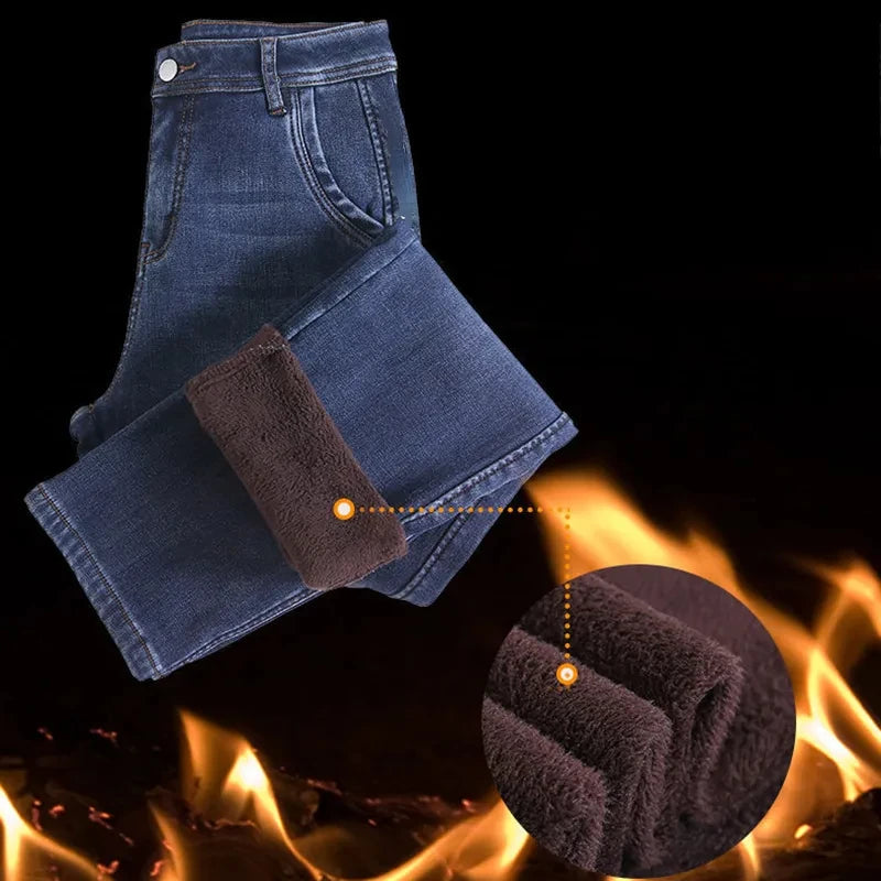 New Winter Thick Warm Fleece Women Straight Jeans Women Classic High Waist Thicken Fashion Warm Denim Pants Retro Cowboy Trouser