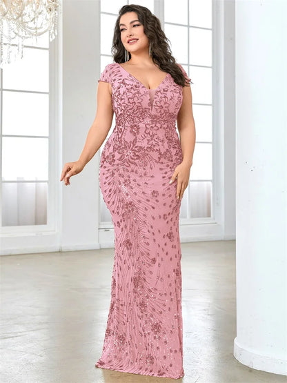XUIBOL Plus Size  Elegant Sequin Evening Dress Long 2024 Women Mermaid Formal Deep V-neck Prom Luxury Wedding Party Dresses