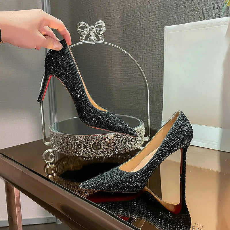 New Full Diamond Shallow Mouth Pumps Pointed Stiletto Leather Sexy Banquet All-Match Wedding Light Luxury Sandals Women'S Shoes