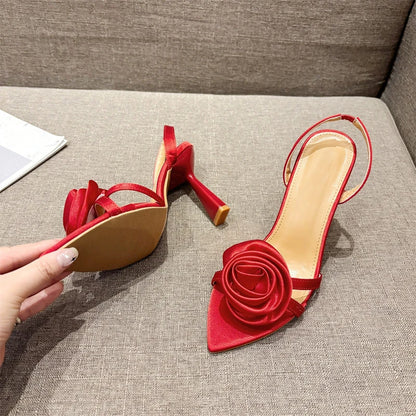 Liyke Summer Fashion Silk Rose Flowers Pointed Open Toe Back Strap Sandals Women Red High Heels Wedding Prom Shoes Zapatos Mujer