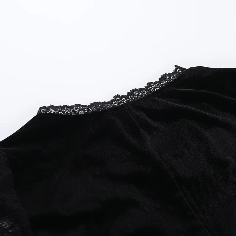 Y2K Goth Floral Lace Mesh Flared Sleeve Bodycon Party Dresses Sexy Vintage Elegant Black Velvet V-Neck Long Dress Partywear