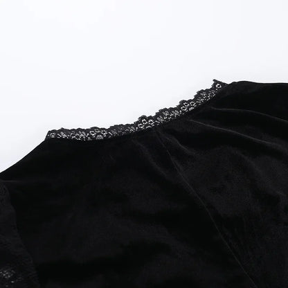 Y2K Goth Floral Lace Mesh Flared Sleeve Bodycon Party Dresses Sexy Vintage Elegant Black Velvet V-Neck Long Dress Partywear