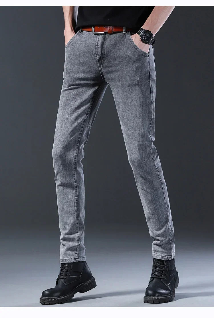 New Men's Denim Pants Slim Straight Gentleman Size 27-38 Slacks Fashion European American Style Stretch Men Luxury Jeans Grey