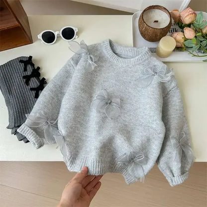 Korean Style Children Clothing Autumn New Girl Baby Toddler Solid Bow Sweaters Winter Fashion Sweet Kid Princess Knitted Sweater