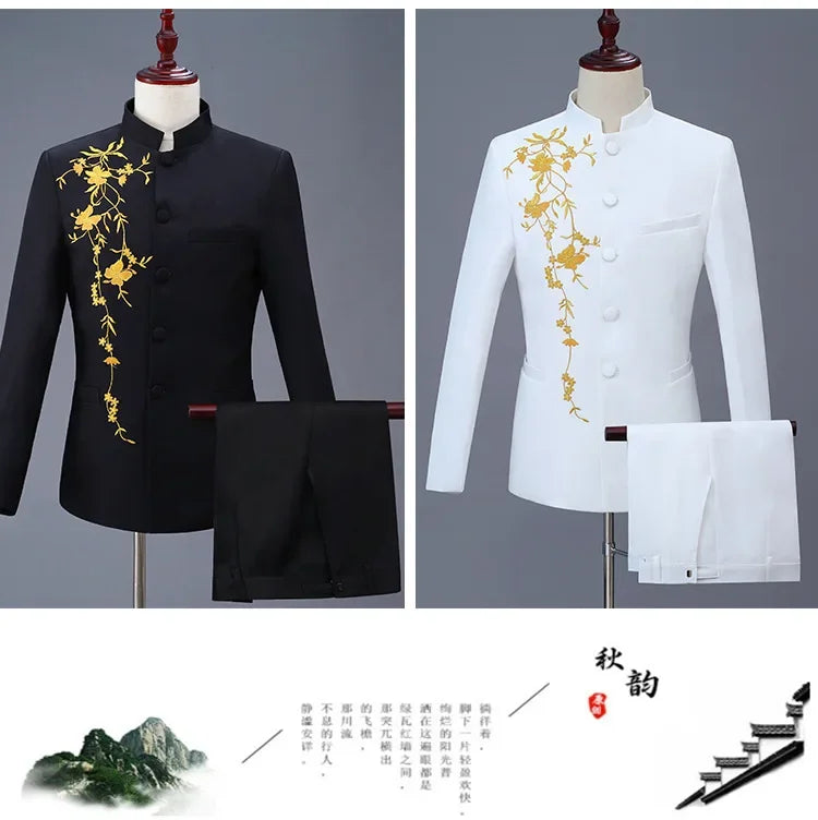 New Men Stand Collar Embroidery Suit 2 Piece Black / White / Red Fashion Male Stage Party Perform Blazer and Trousers