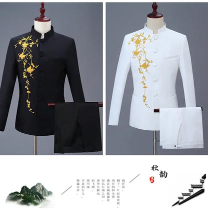 New Men Stand Collar Embroidery Suit 2 Piece Black / White / Red Fashion Male Stage Party Perform Blazer and Trousers