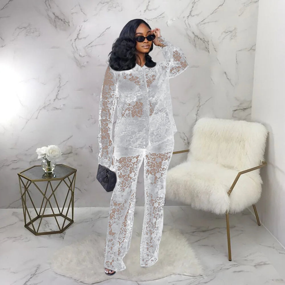 Perspective Lace Pants Set Summer 2024 New 2 Piece Set Chic Slim Elegant Office Women's Set Fashion Street Youth 2-piece Suit