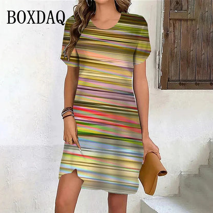 New Summer Fashion Gradient Rainbow Stripe Short Sleeve Dresses For Women 2024 Plus Size Casual O-Neck Print Loose Party Clothes
