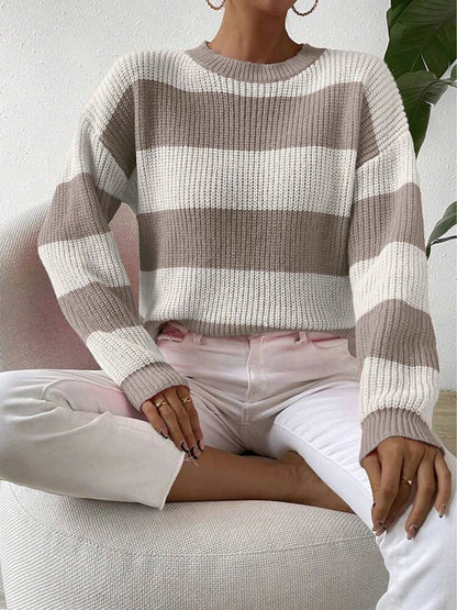 Women's autumn and winter contrasting striped round neck pullover knitted sweater