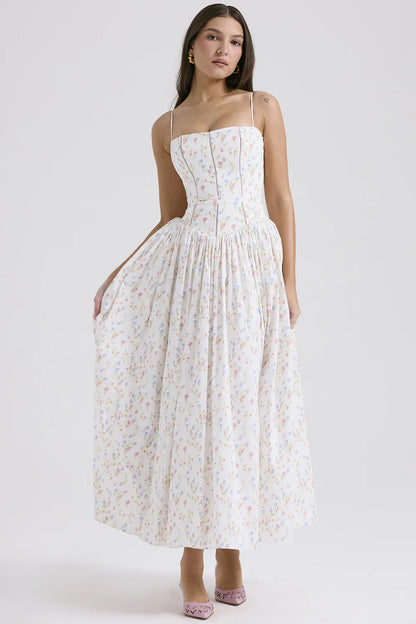 Spring Floral Print Chiffon Holiday Beach Dress Women Sexy V Neck Backless Sling Long Dress Summer Sleeveless Pleated Maxi Dress