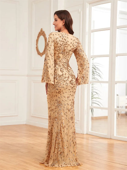 Lucyinlove Luxury Champagne Evening Dresses For Women 2025 Long Sleeve Mermaid Formal Sequins V-neck Prom Wedding Party Gowns