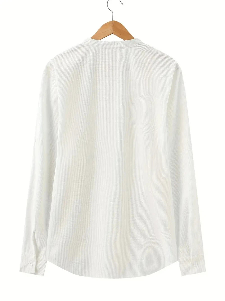Men's Spring Shirts Solid Color Casual Henry Neck Long Sleeve Outdoor Simple Male Waffle top Thin Button Tops