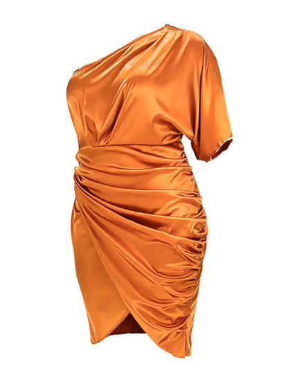 Plus Size Women Clothing One Shoulder Wedding Dress Big Lady Elegant Satin Short Dress Dresses 5xl Wholesale Bulk Dropshipping
