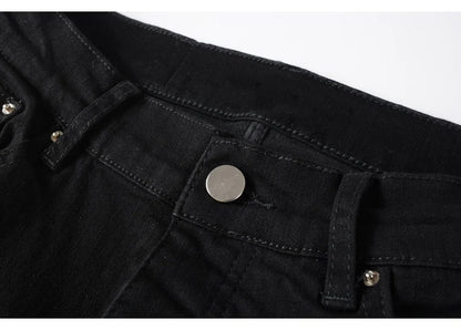 High street fashion new men's black jeans stretch slim fit retro washed leather patch jeans hip-hop brand designer pants Hombre