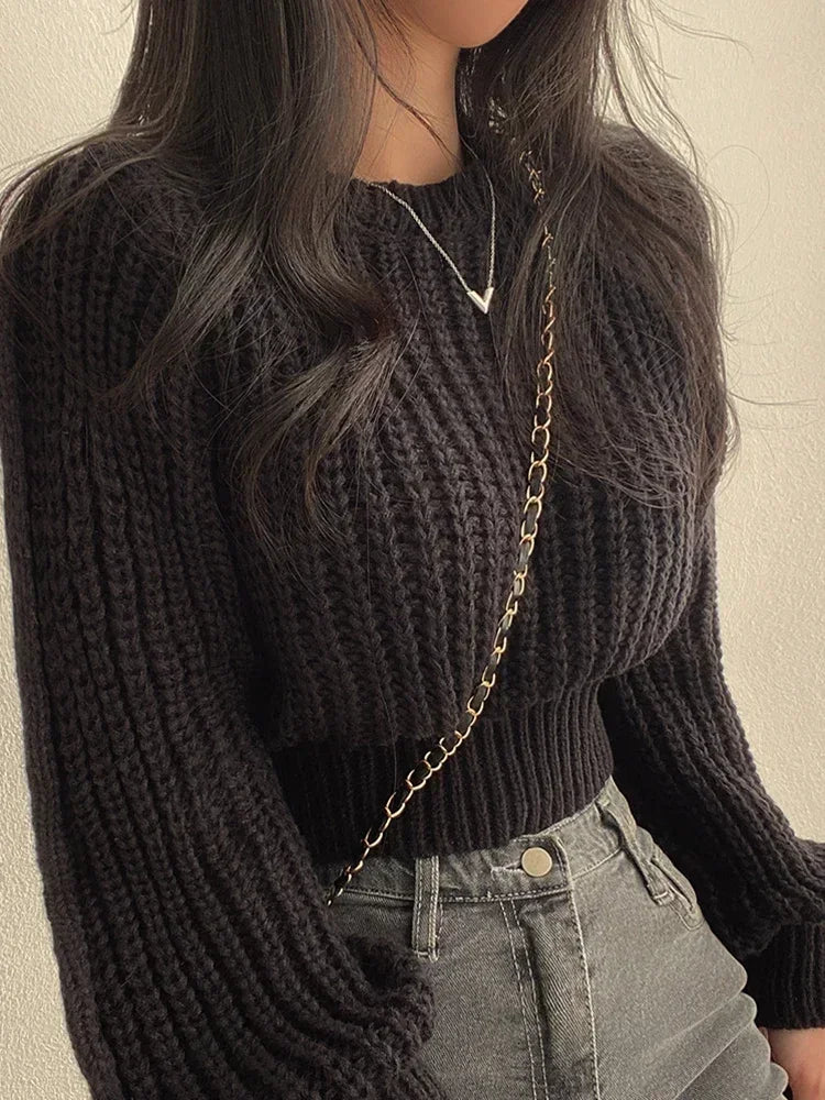 Pink Cropped Knitted Sweaters for Women 2024 Korean Fashion Loose Long Sleeve Jersey Woman Solid Color Wild Round Neck Pullover