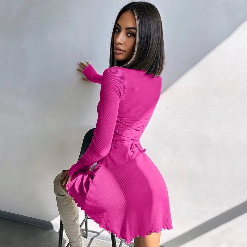 Spring Elegant Pretty Women Dresses New Black Sexy Short Dress Female V Neck Long Sleeve Slim Solid Color Mini Dress