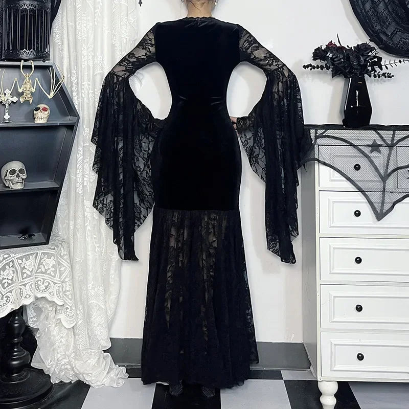 Y2K Goth Floral Lace Mesh Flared Sleeve Bodycon Party Dresses Sexy Vintage Elegant Black Velvet V-Neck Long Dress Partywear