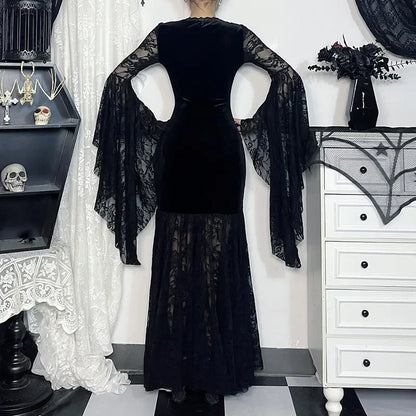 Y2K Goth Floral Lace Mesh Flared Sleeve Bodycon Party Dresses Sexy Vintage Elegant Black Velvet V-Neck Long Dress Partywear