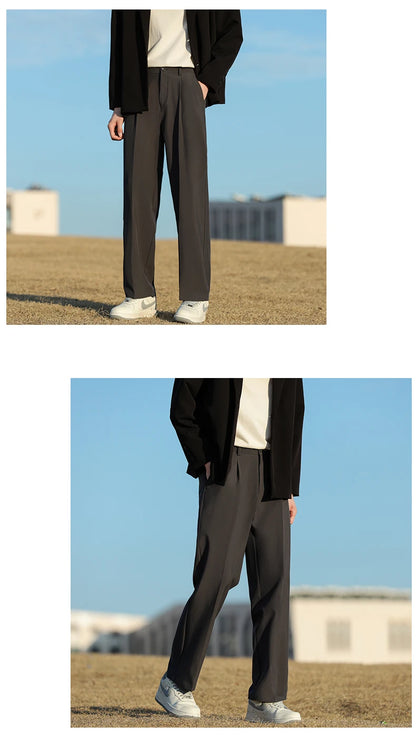 Spring Summer Men Suit Pants Wide Leg Long Drape Trousers Fashion Streetwear Clothing Solid Stretch Waist Oversize Pants Black