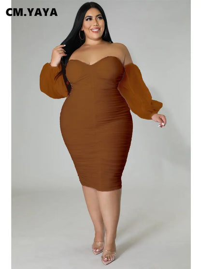 CM.YAYA Plus Size Women Mesh Patchwork Off Shoulder Ruched Bodycon Midi Dress evening Winter 2022 Sexy Party Club Prom Dresses