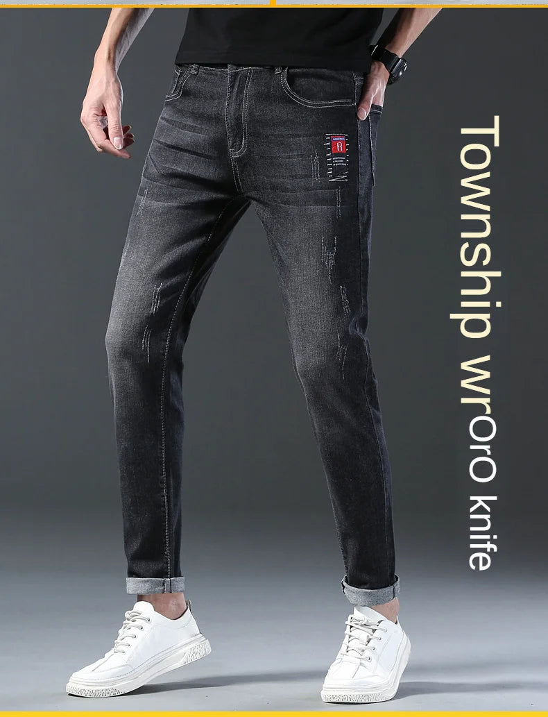 New Arrival Men's Denim Jeans Fashion Straight Slim Elastic Korea Fashion Casual Denim Trousers Male Pants Grey Black Dropship