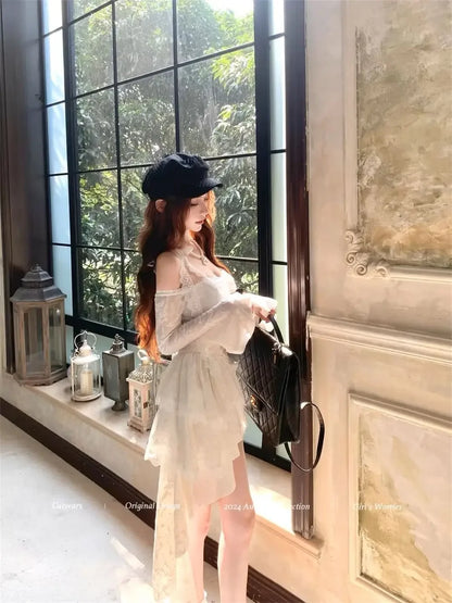 Spring Elegant Women Dress Vintage Style Long Sleeve Bow Detail Slim Fit Flared Hem Comfortable Party Dress Casual Dress 2025
