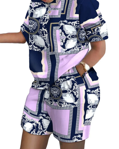 Casual Loose Short Sleeve Tshirt Shorts Set Office Lady Summer Fashion O-neck Colorful Print Two Piece Set Women Outfit 2023
