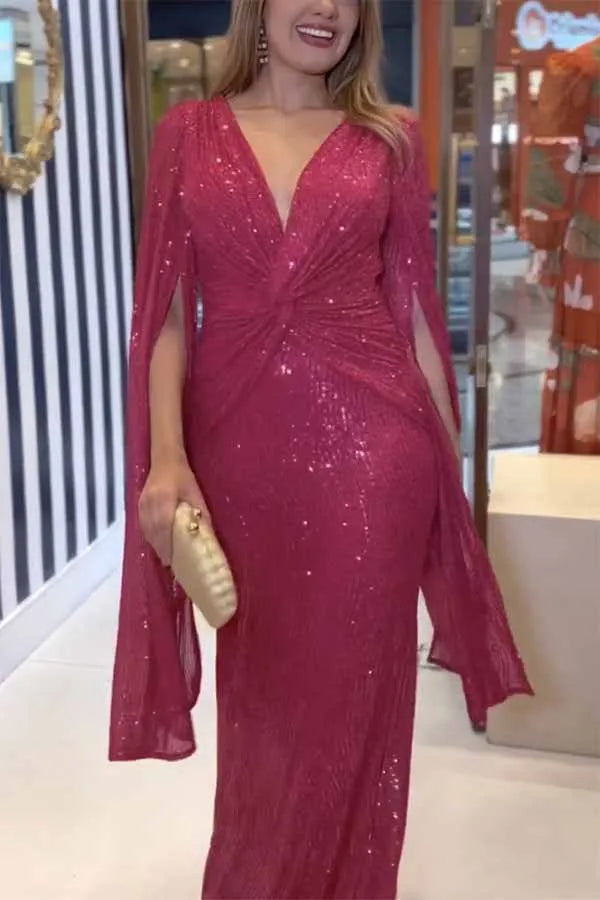 Autumn Winter Luxurious Sexy Sequins Cocktail Party Dress Prom Gown Cloak Sleeve V Neck Folds Corset Evening Floor Length Dress