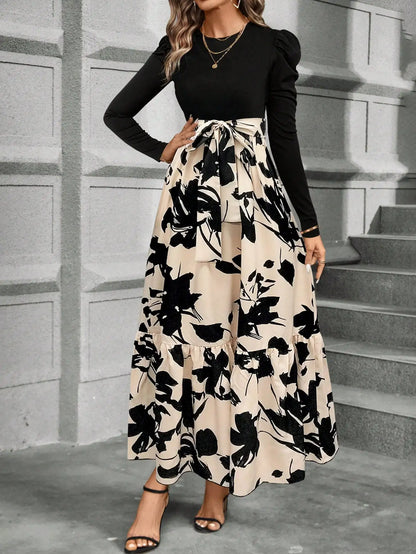 Spring and summer color combination high-waisted flower print dress woman elegant