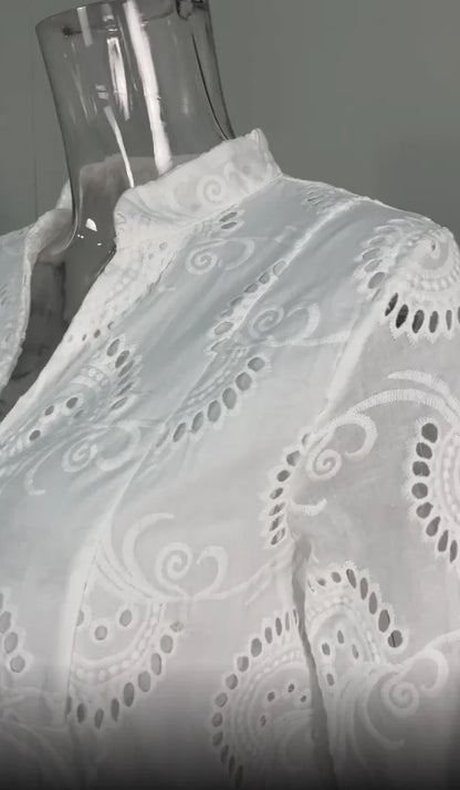 Dresses for Dresses Spring Summer Shirt Dress 2024 White dresses V-Neck Flared Sleeves Lace Hollow Solid Color Sexy Long Dresses