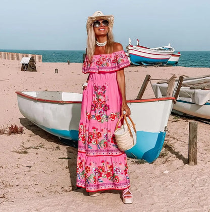 2024 Spring Summer Women's New Sexy One Shoulder Off Shoulder Fashion Red Flower Printed Lace Up Waist Long Swing Dress