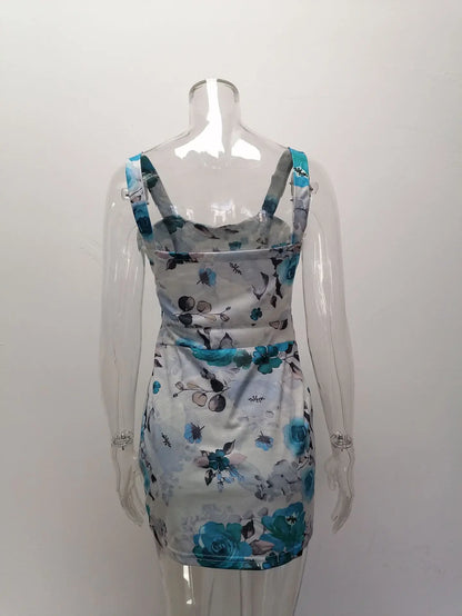 Spring Summer Printed Mini Dresses For Women Sleeveless Hollow Out Package Hip Slim Short Dress Fashion Night Club Party Vestido