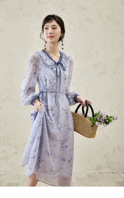 MISHOW Print Spring Summer Dress for Women New 2025 Ruffled V-neck Long Sleeve Blue French Dresses Female Fashion MXE15L2139
