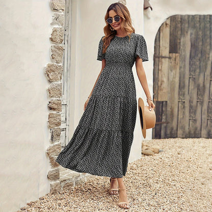 Spring Summer Tierred Dress Women Midi Dresses Female Short Sleeve Elastic Waist Printed Floral Pleated Backless Casual Dress