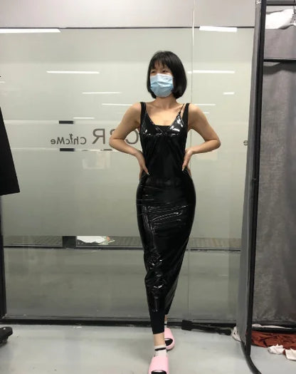 Women's Evening Dress 2024 Spring Summer Latest Commuting Black Pu Sexy V-Shaped Collar Open Back Sleeveness Sling Long Skirt