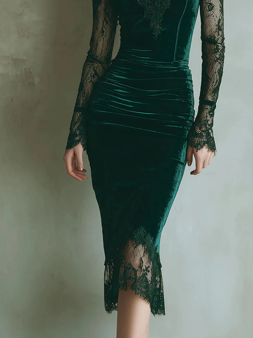 Women’s Velvet Ruched Bodycon Midi Dress with Square Neck and Sheer Mesh Long Sleeve Slim Fit Elegant Party Dress