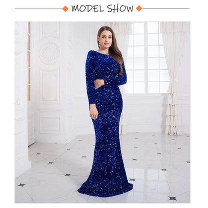 Romagic Elegant Women Modest Stretch Sequin Royal Blue Wedding Prom Gown Long Sleeves Mermaid Formal Evening Party Dress 2025