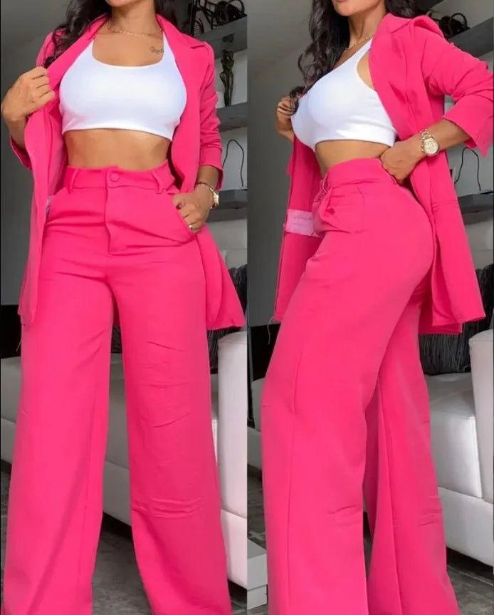 2024 European and American Women's Clothing Temperament Elegant Solid Color Split Sleeve Lapel Suit Pocket Straight Pants Suit