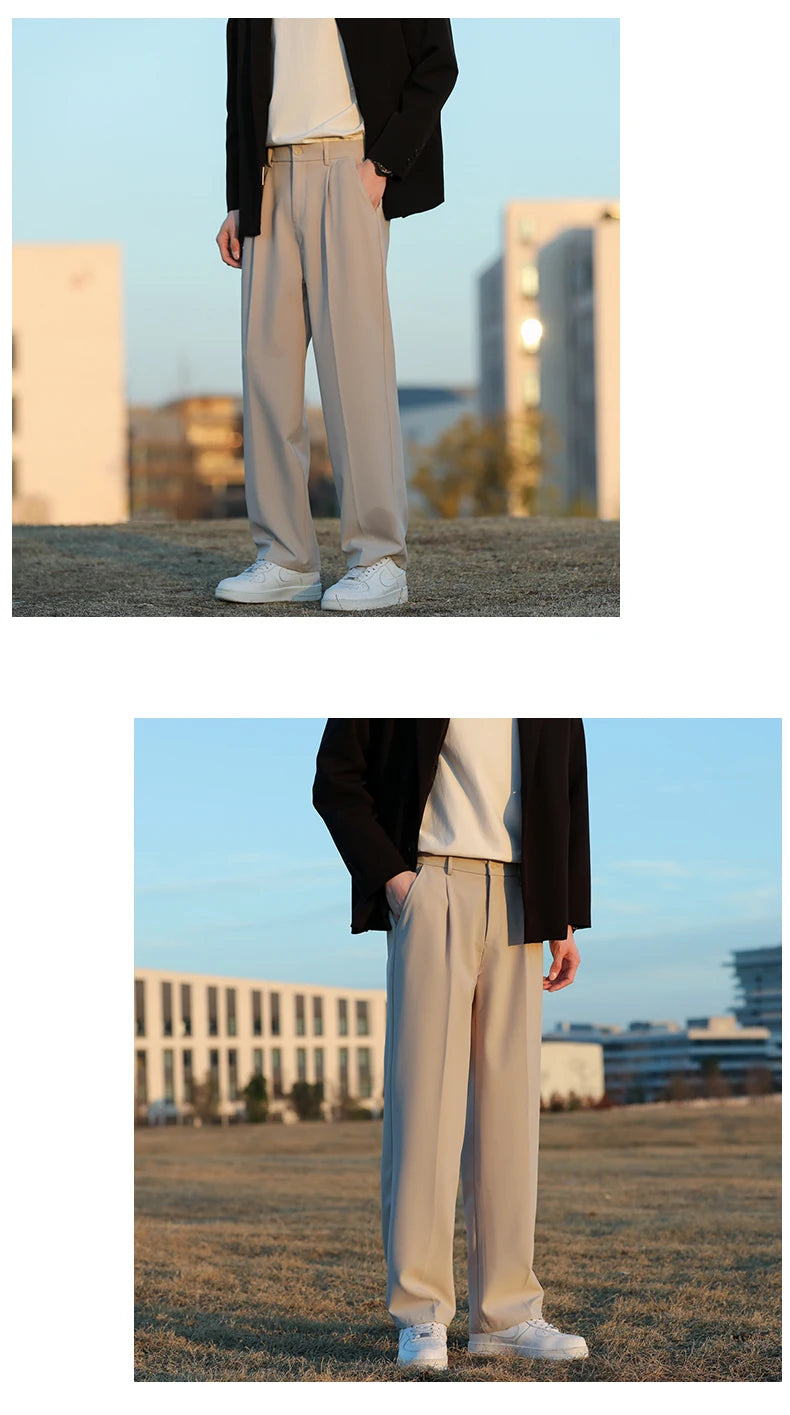 Spring Summer Men Suit Pants Wide Leg Long Drape Trousers Fashion Streetwear Clothing Solid Stretch Waist Oversize Pants Black