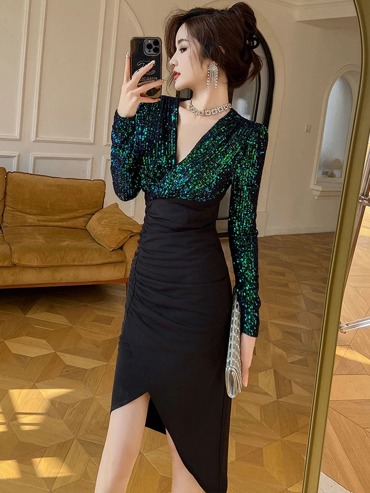 Fashion Lady Fake 2-Piece Sparkly Sequin Splic Irregular Evening Dress Women Clothing Elegant V-Neck Slim Party Birthday Vestido