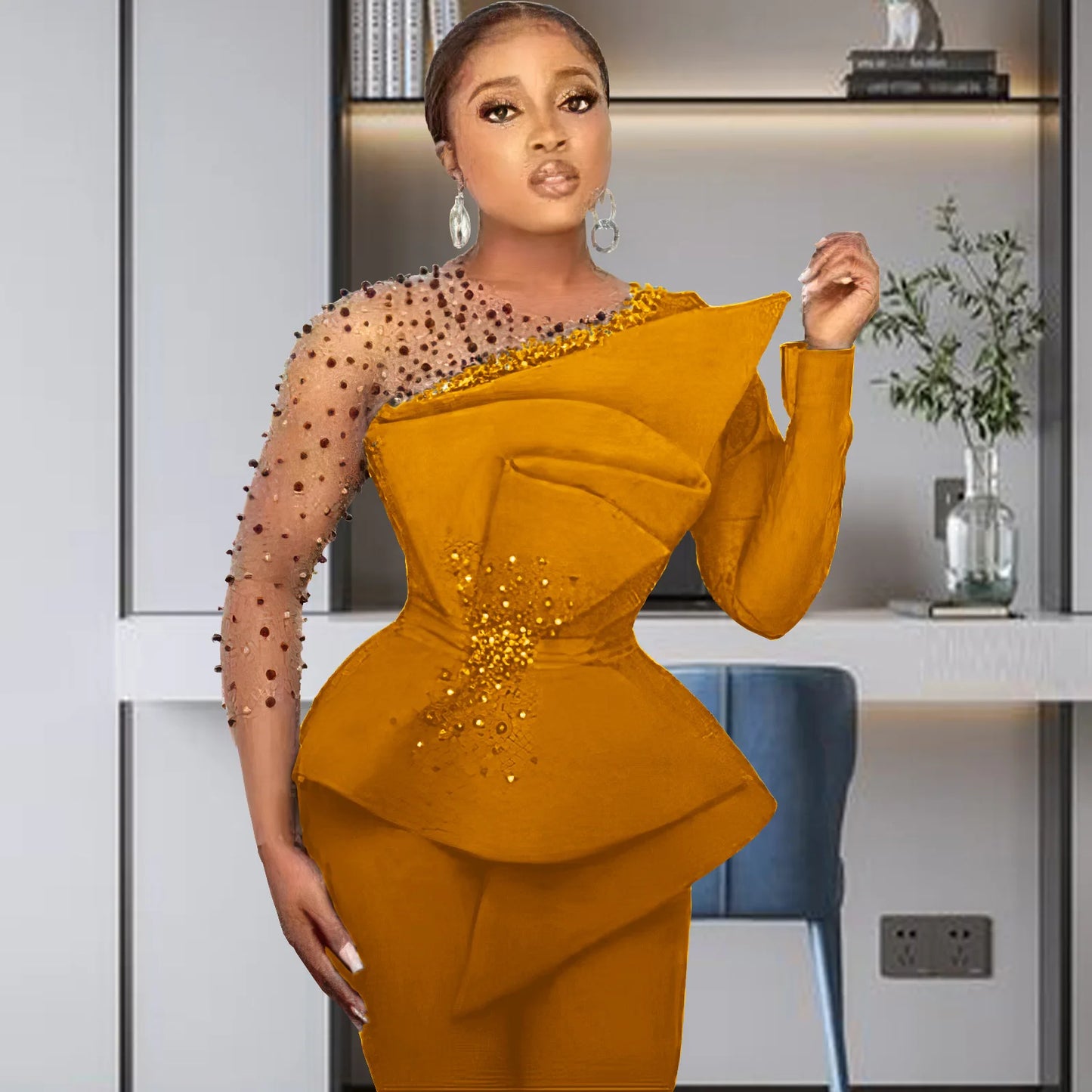 CM.YAYA Vintage Women  Beading Mesh Patchwork Ruffles Fan-shaped Blazer Tops and Pants Suit Two 2 Piece Set Outfits Tracksuit