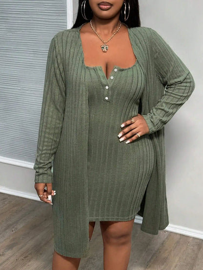 Plus Size Ribbed Elegant Two Piece Set Dress Women Solid Mini Dress Female Casual Long Coat 2024 Autumn Large Size Matching Set