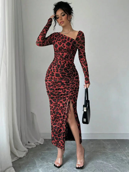 Sexy Leopard Print Women's Dresses Fashion Ruffled Sexy Slit Party Dress For Women Spring Summer  Bodycon Package hip Vestidos